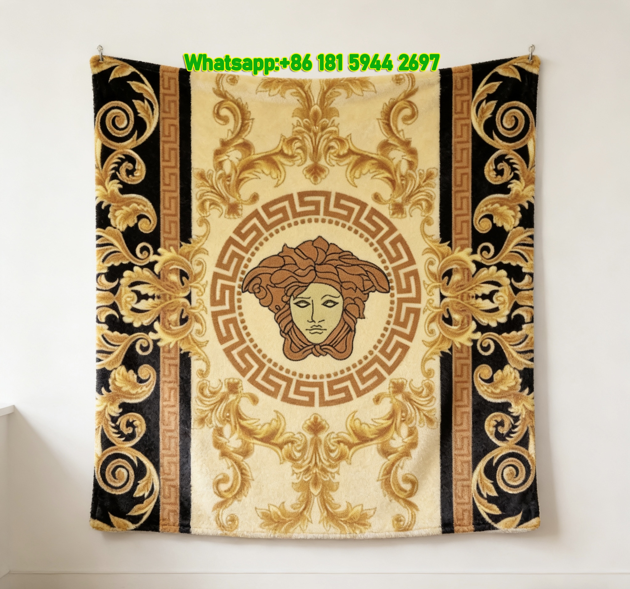 Versace Yellow and Black Medusa Baroque Print Flannel Throw Blanket IMG_1495
